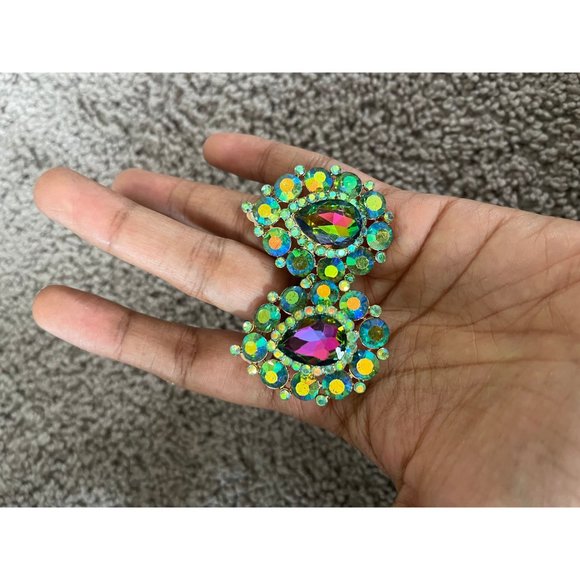 Clip on Aurora stud big rainbow earring teardrop rainbow vintage rhinestone - Picture 5 of 7